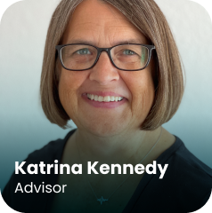 A woman with straight, shoulder-length brown hair, glasses, and a friendly smile is pictured against a light background. Text at the bottom reads: "Katrina Kennedy, Advisor.