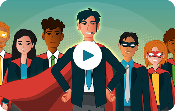 A group of animated business superheroes in suits and capes stand confidently together; the central figure is in front with hands on hips and a headset, with others smiling and wearing masks or glasses. A play button is overlaid.