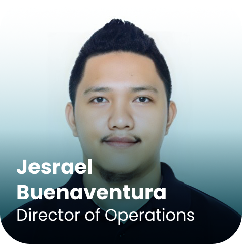 Portrait of a man with short dark hair and a trimmed mustache and goatee, wearing a black collared shirt. Text reads: “Jesrael Buenaventura, Director of Operations.”.