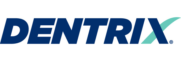 The Dentrix logo features the word "DENTRIX" in bold, navy blue uppercase letters, with a curved mint green line crossing through the "X.