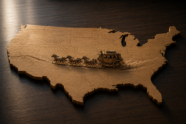 A wooden map of the United States features a miniature stagecoach with horses traveling westward across the country, leaving a dusty trail behind.