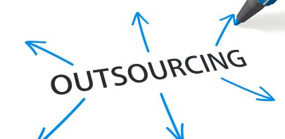 The word "OUTSOURCING" is written in bold black letters, with blue arrows pointing outward in multiple directions, and a blue pen drawing one arrow—highlighting that it’s time to outsource your admin operations on a clean white background.