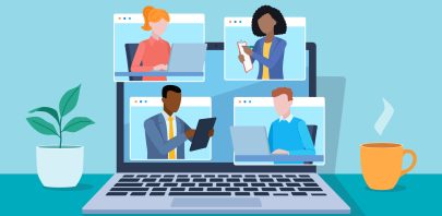 Illustration of four people in a video conference on a laptop screen, showcasing remote work. Perfect for articles about How to Transition to Virtual Staffing Support in 30 Days, with a plant and coffee cup adding a cozy desk vibe.