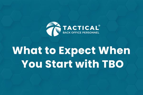 Business man point to people with many business person or working staff. Target customer or Human resource, head hunter concept. Global business target that can reach many people. Blue hexagon-patterned background with Tactical Back Office Personnel logo and text: "What to Expect When You Start with TBO. It's Time to Outsource Your Admin Operations for greater efficiency.