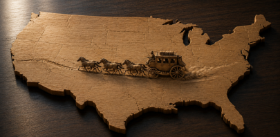 A wooden map of the United States features a miniature stagecoach with horses traveling westward across the country, leaving a dusty trail behind.