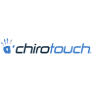 Logo of "chirotouch" in blue and black text. A stylized handprint is to the left, with three lines above it, suggesting motion or action.