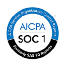 A blue, white, and black circular logo for AICPA SOC 1, with text: "AICPA Service Organization Control Reports" and "Formerly SAS 70 Reports.