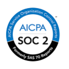 A circular badge with text: “AICPA Service Organization Control Reports,” “AICPA SOC 2,” and “Formerly SAS 70 Reports.” The badge has blue, black, and white sections.